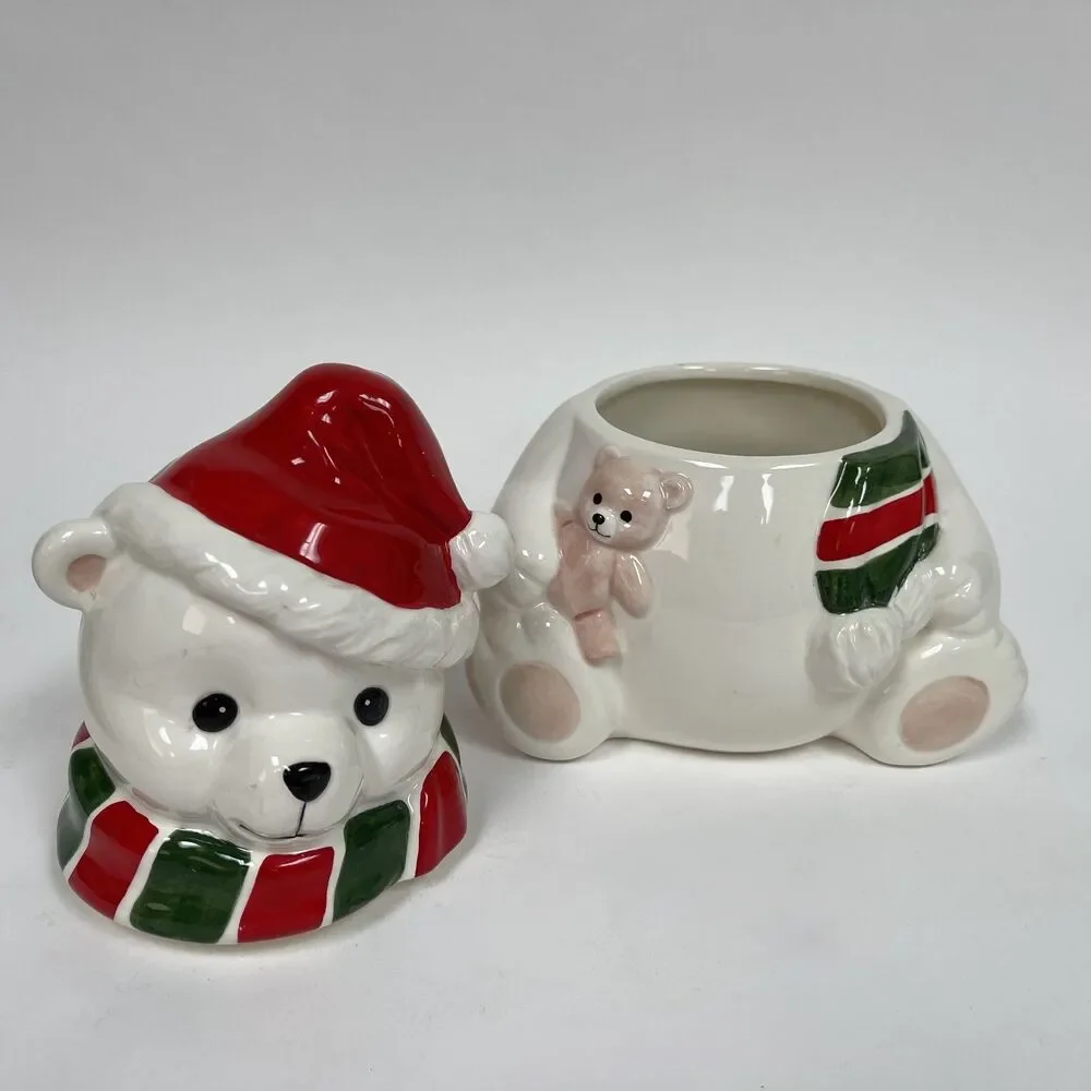 Homco 1991 Cookie Jar Canister Teddy Bear White Red Green‎ 8